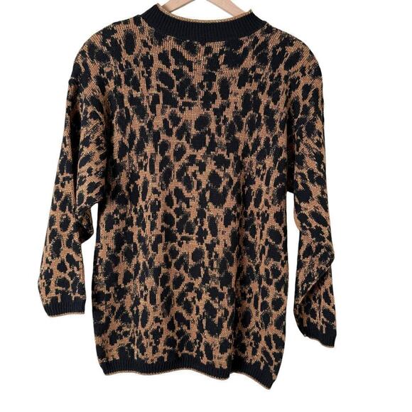 Vintage 80s Crewneck Leopard Pullover Knit Sweater Black Brown Metallic Gold, L - Picture 9 of 11
